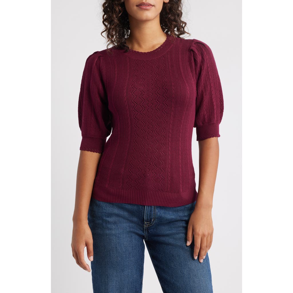 Wit & Wisdom Pointelle Elbow Sleeve Sweater In Burgundy
