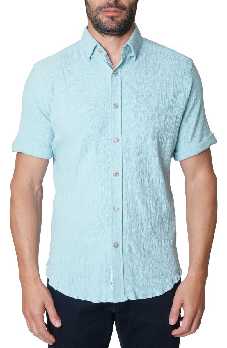 Robert Graham Hammond Short Sleeve Knit Button-Up Shirt, Main, color, Light Blue