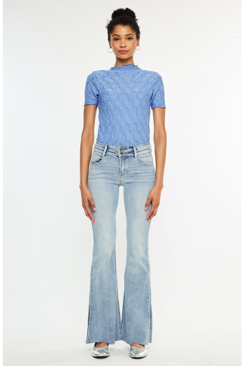 Selena Double Waist Band Flare Jeans, Main, color, Medium Wash