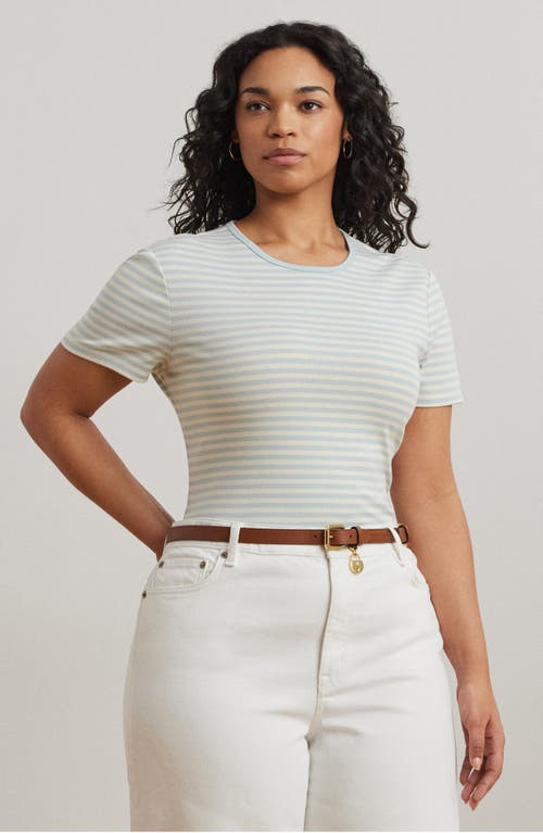 Ralph Lauren Plus Size Striped Stretch Cotton Crewneck Tee In Aqua Pearl/mascarpone Cream