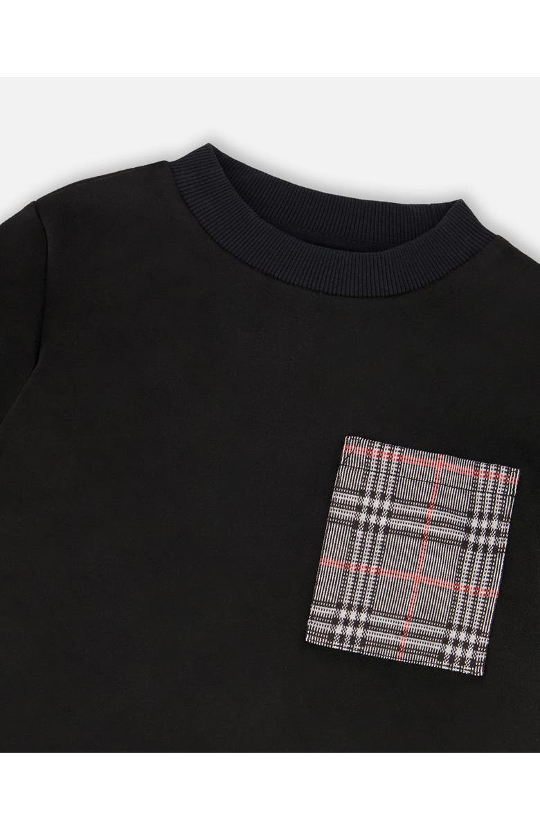 Deux par Deux Super Soft Brushed Jersey Long Sleeve Top with Plaid Pocket, Alternate, color, Black