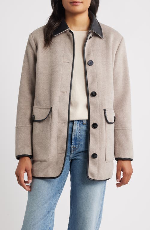 Bernardo Button Front Coat With Faux Leather Trim In Transparent