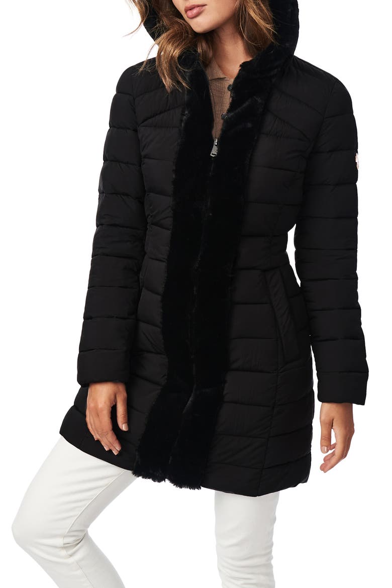 Quilted Walker Jacket with Faux Fur Trim, Main, color, BLACK