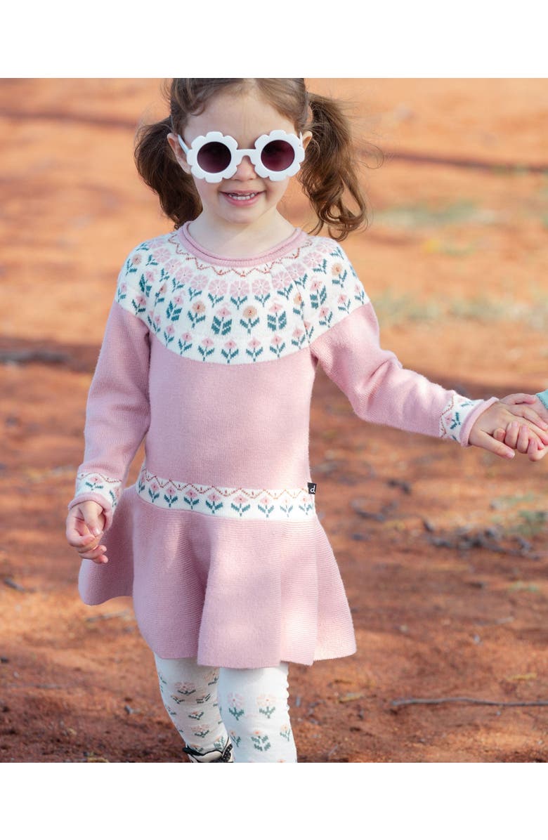 Deux par Deux Girl's Knit Dress With Round Intarsia Flowers Light Pink, Alternate, color,