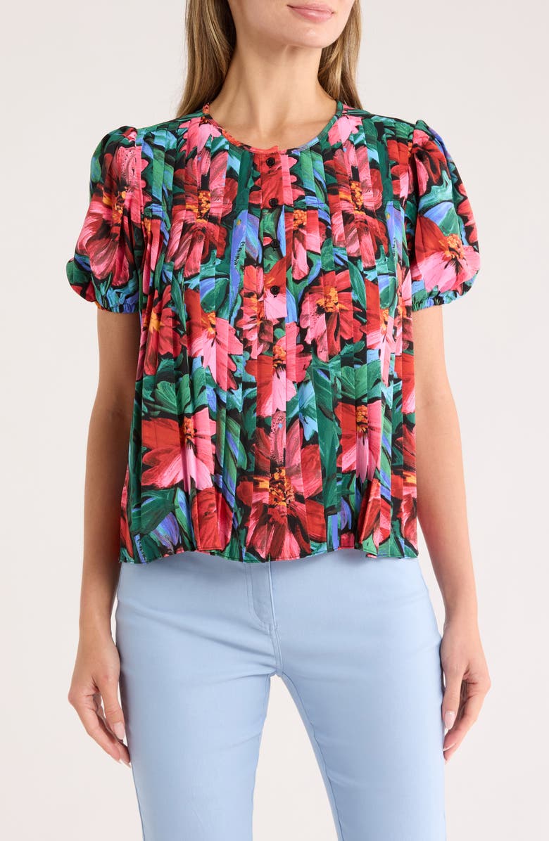 Nicole Miller Floral Puff Sleeve Pleated Top, Main, color, 