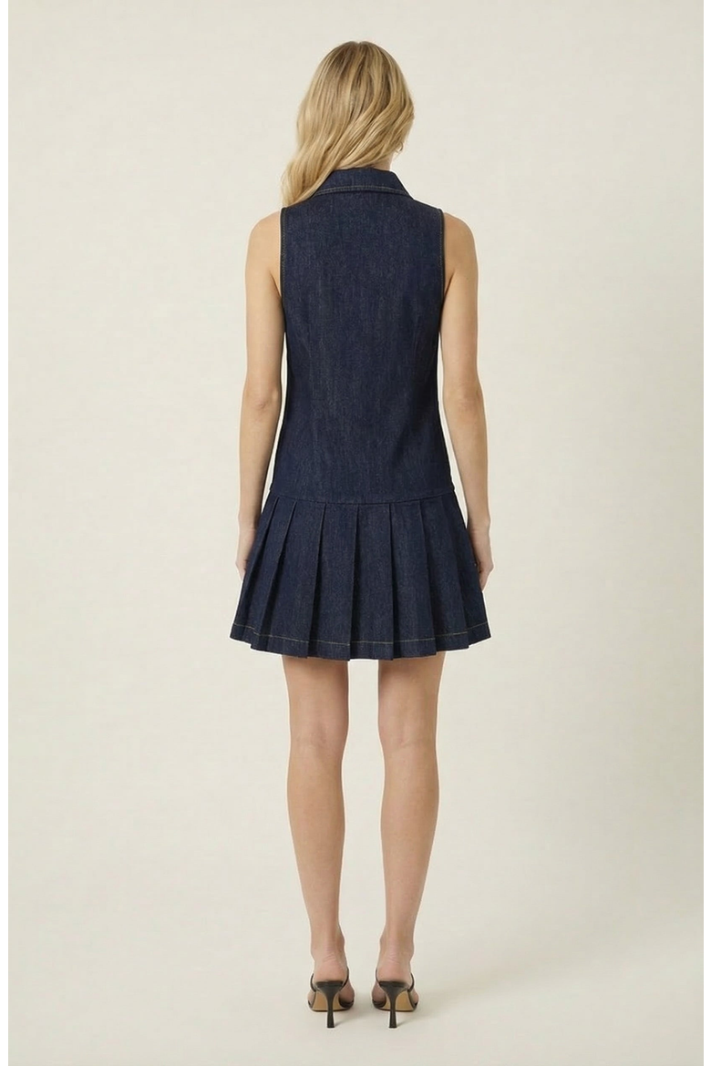 Sleeveless Denim Mini Dress with Pleated Hem, Alternate, color, Navy Blue