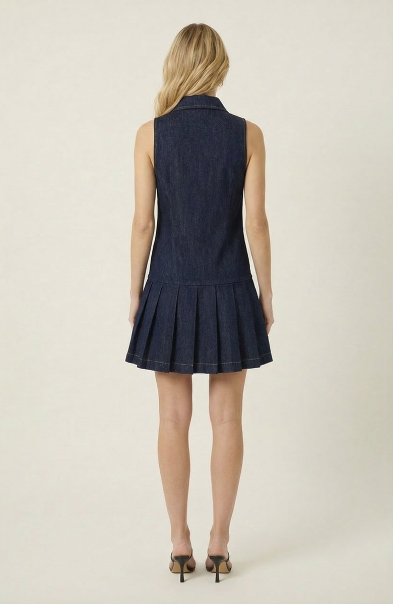 Modenaire Sleeveless Denim Mini Dress with Pleated Hem, Alternate, color, Navy Blue