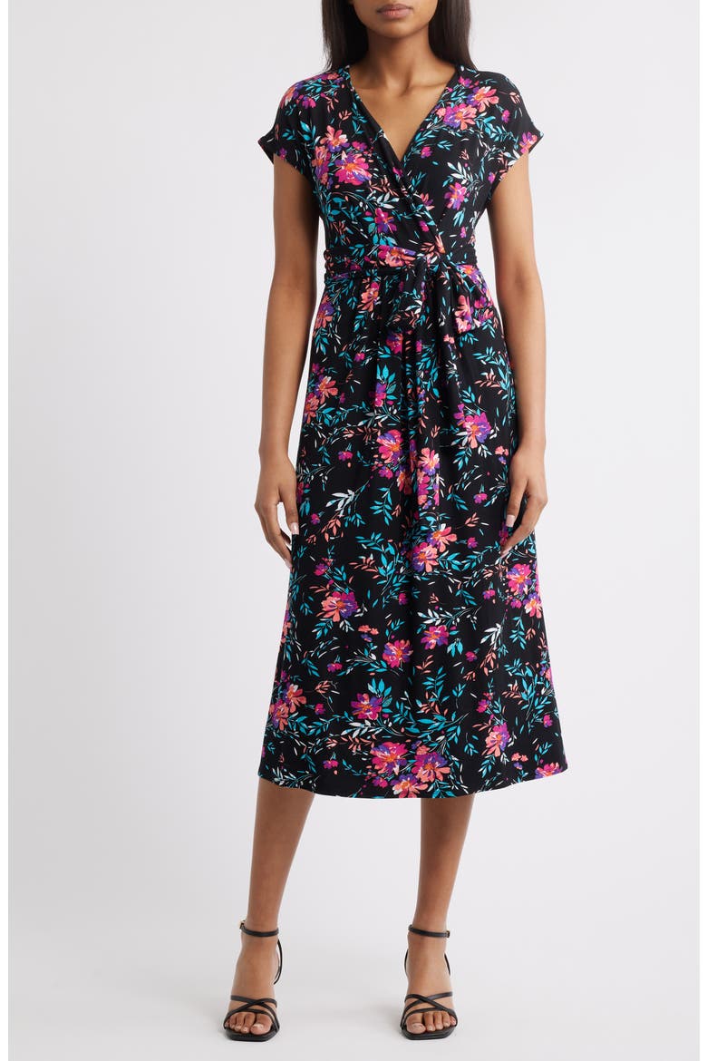 Floral Print Faux Wrap Midi Dress, Main, color, BLACK/ FUCHSIA