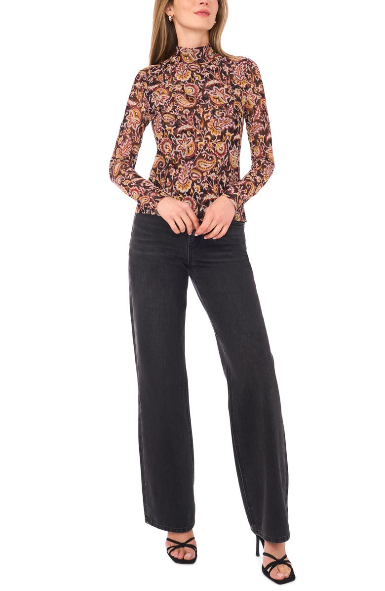 Ted Baker Paisley Mock Neck Long Sleeve Mesh Top, Alternate, color, Chai Tea