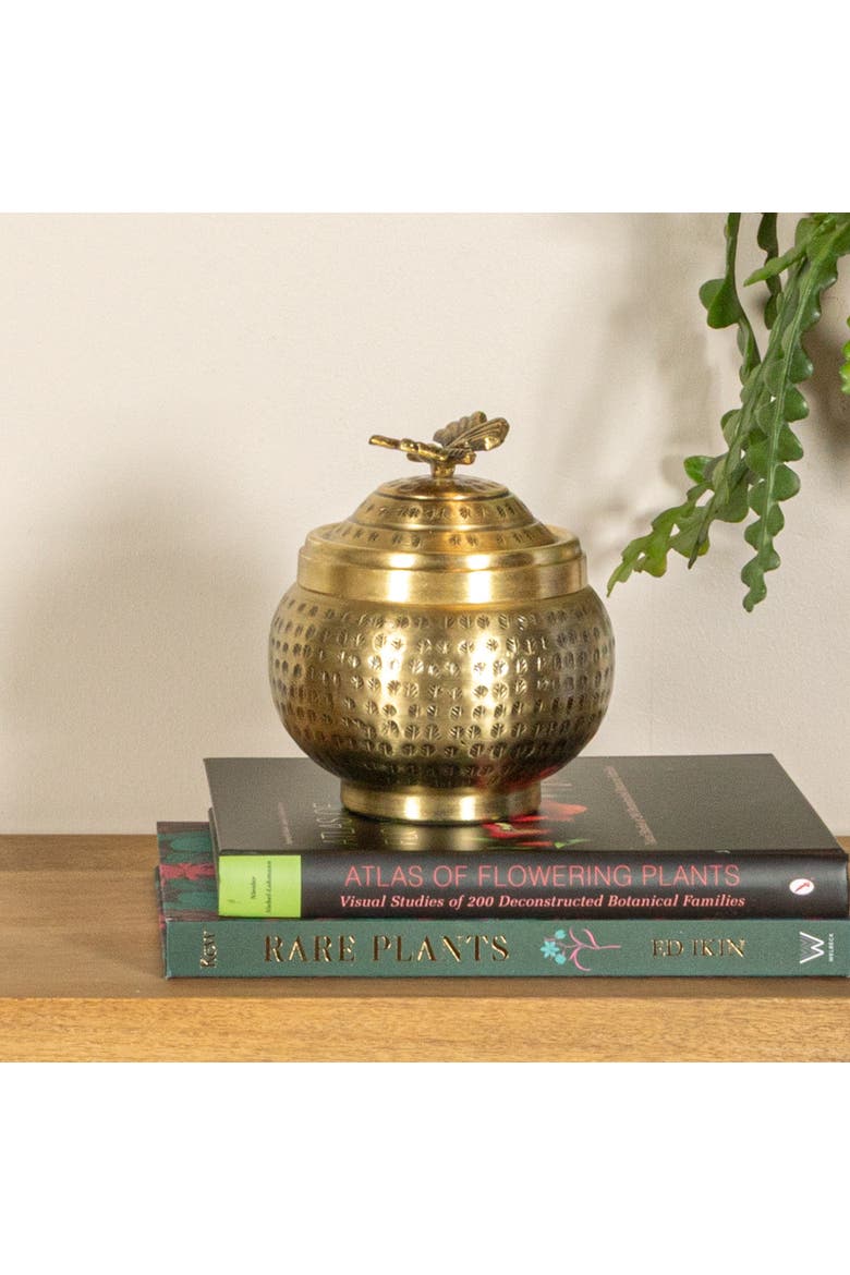 Round Hammered Metal Container with Butterfly Finial, Brass Finish, Alternate, color, Gold