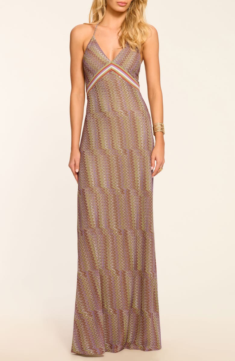 Ramy Brook Rosalind Chevron Halter Maxi Dress, Main, color, Multi Lurex Knit