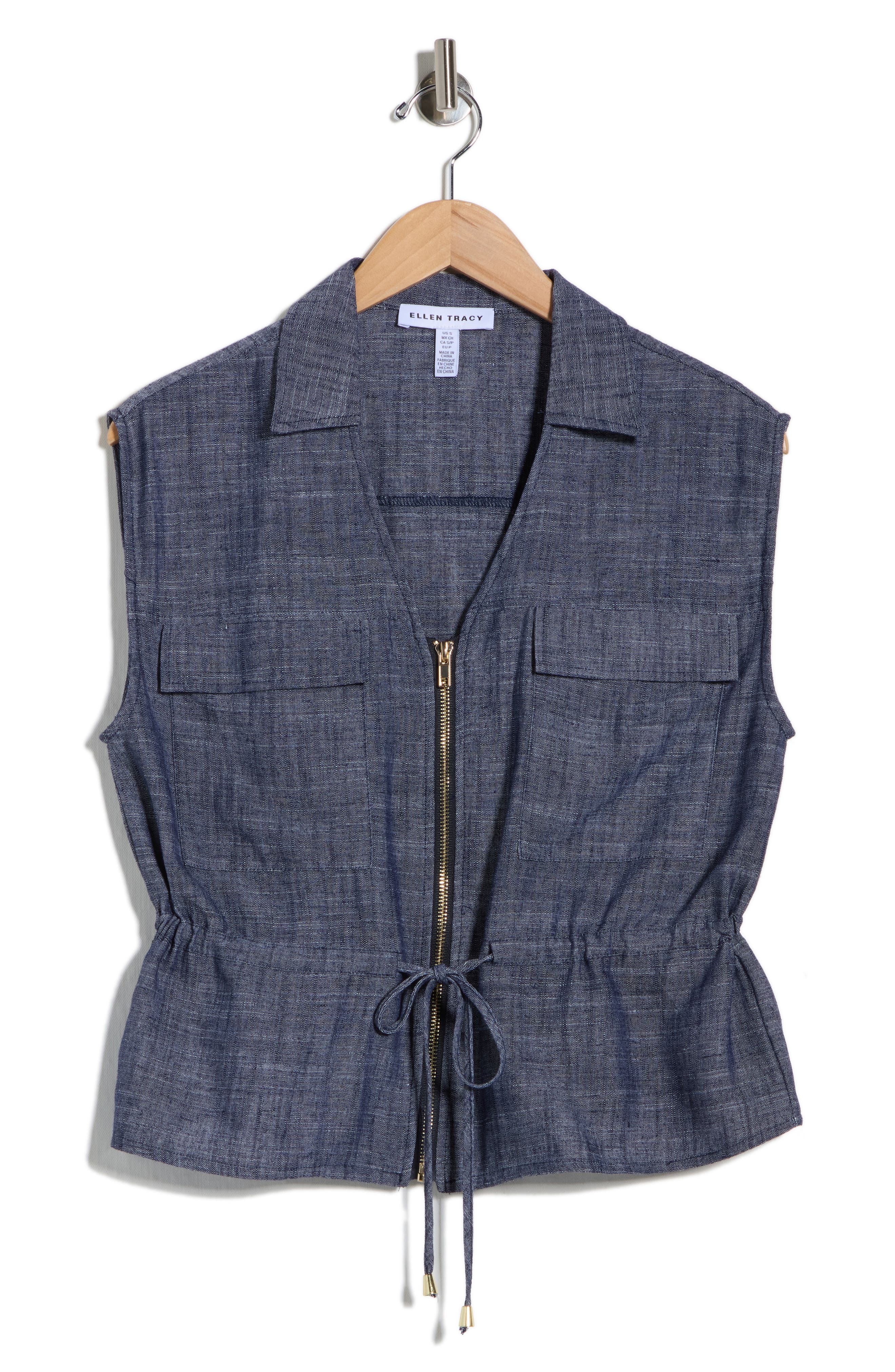 Ellen Tracy Sleeveless Patch Pocket Chambray Top