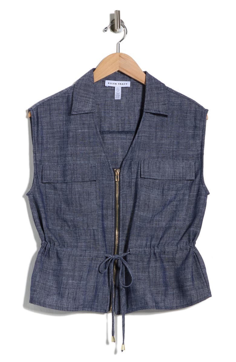 Ellen Tracy Sleeveless Patch Pocket Chambray Top, Main, color, Chambray Blue