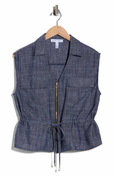 Ellen Tracy Sleeveless Patch Pocket Chambray Top