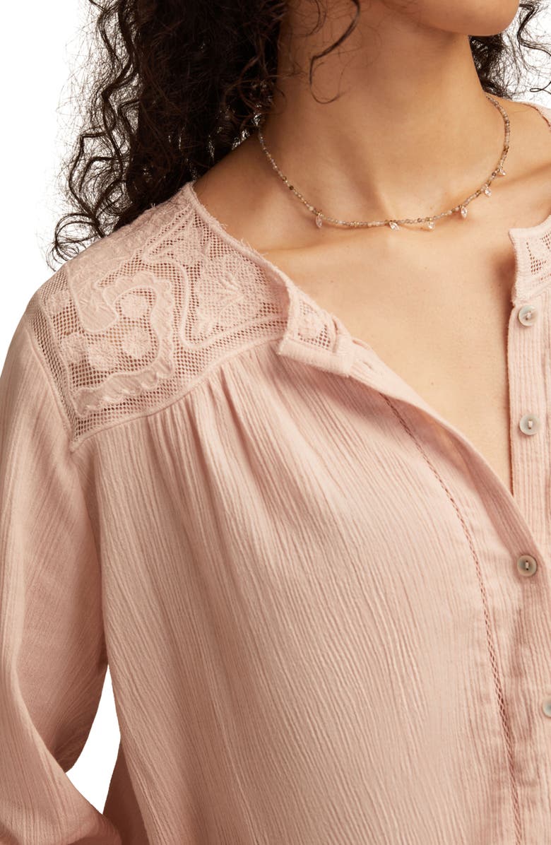 Lucky Brand Lace Inset Bubble Hem Cotton Button-Up Shirt, Alternate, color, Sepia Rose