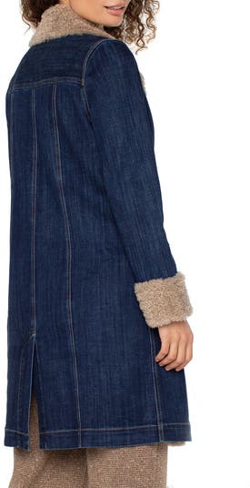 Faux Shearling Trim Denim Coat