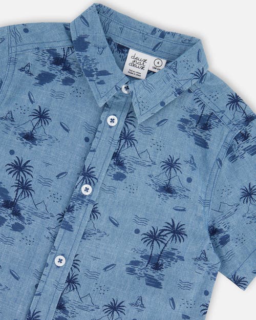 Deux Par Deux Boy's Printed Chambray Short Sleeve Shirt Pale Blue And Navy In Pale Blue And Navy