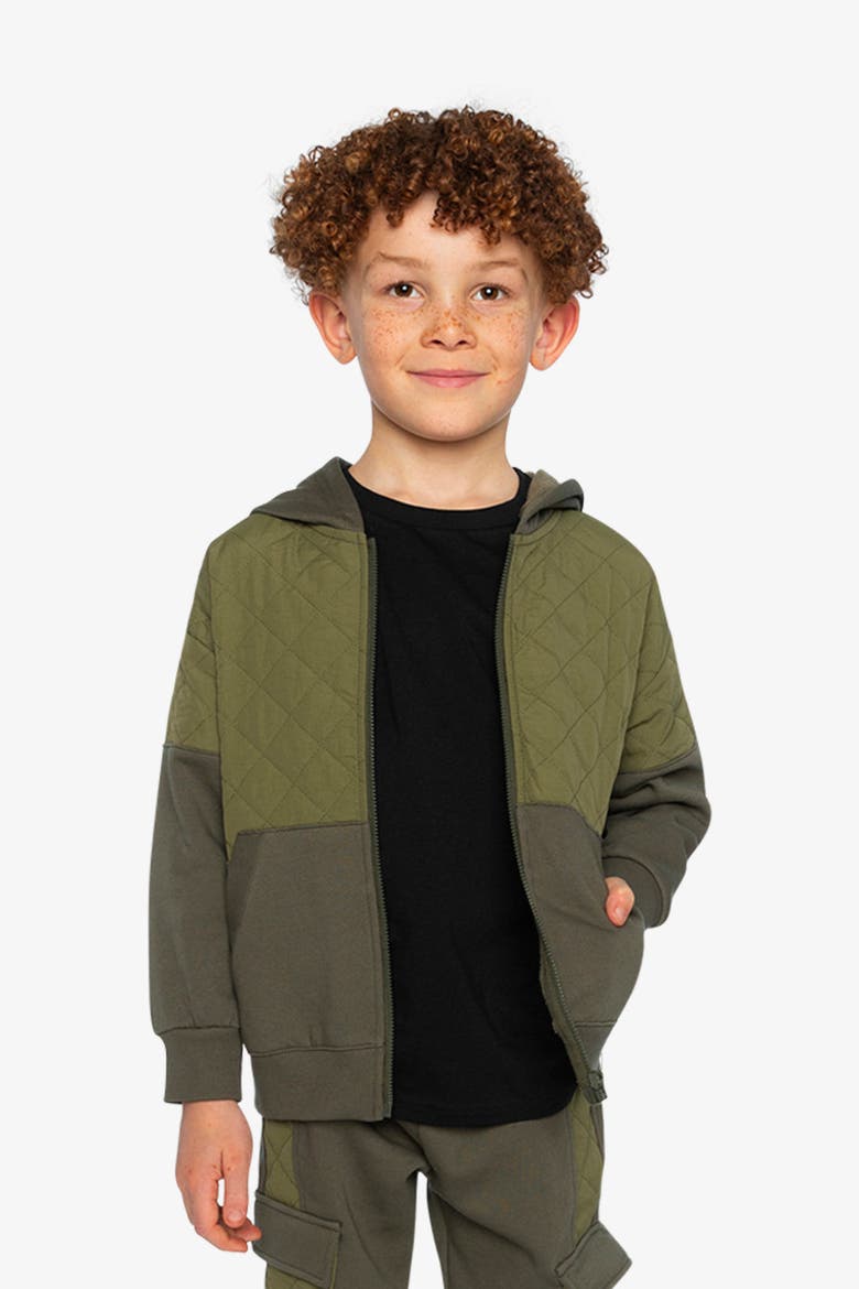 Full Zip Hooded Bi-Material Quilted Panel Cardigan, Alternate, color, Green