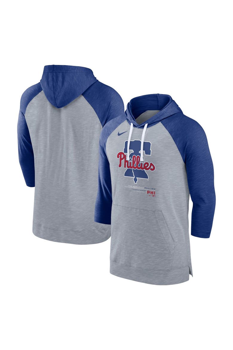 Men's Nike Heather Gray/Heather Royal Philadelphia Phillies Baseball Raglan 3/4-Sleeve Pullover Hoodie, Main, color, Heather Gray