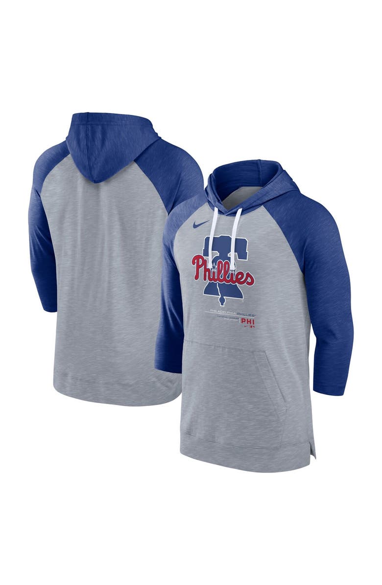 Nike Men's Nike Heather Gray/Heather Royal Philadelphia Phillies Baseball Raglan 3/4-Sleeve Pullover Hoodie, Main, color, 