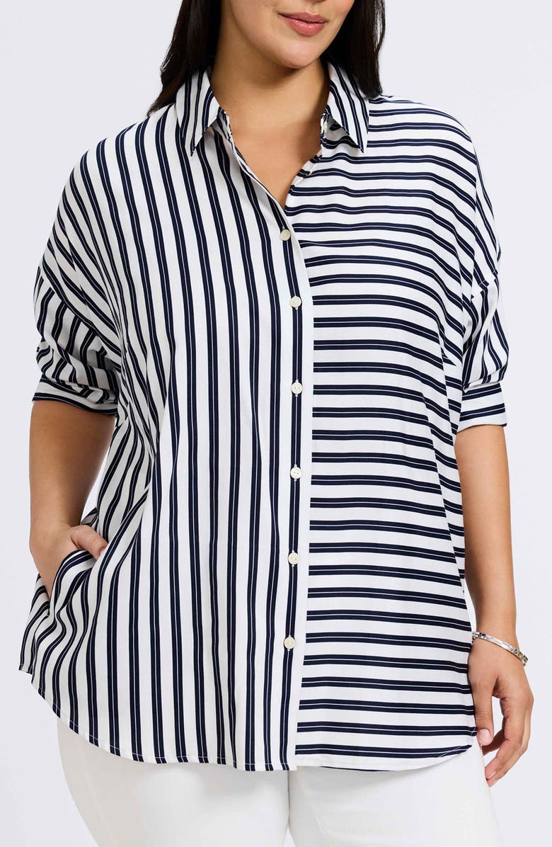 Foxcroft Avery Stripe Tie Waist Shirt, Alternate, color, Navy/ White