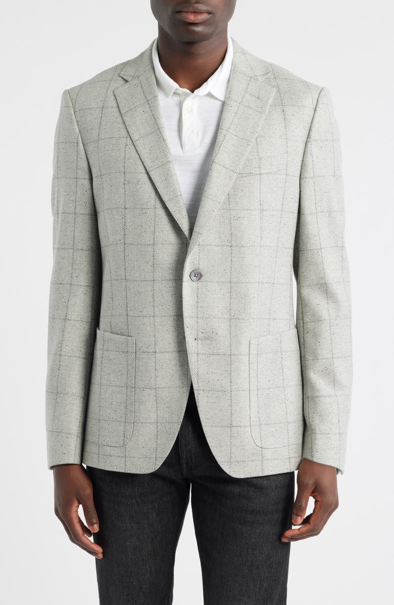 BOSS Hutson Slim Fit Windowpane Wool Blend Sport Coat, Main, color, Open Grey