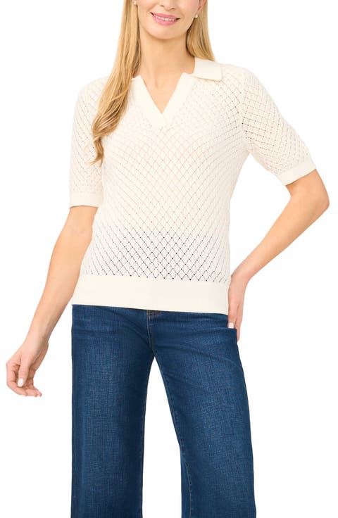Pointelle Short Sleeve Cotton Polo Sweater