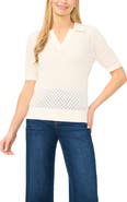 Halogen® Pointelle Short Sleeve Cotton Polo Sweater