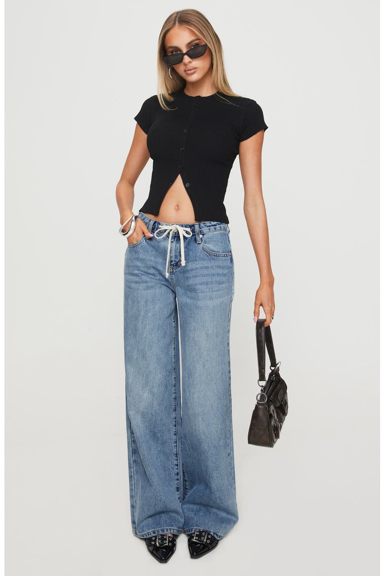 Mellowed Out Drawstring Low Rise Wide Leg Jeans, Alternate, color, MID BLUE