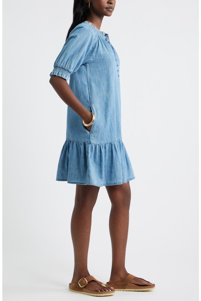 Chambray Puff Sleeve Shift Dress, Alternate, color, MEDIUM WASH