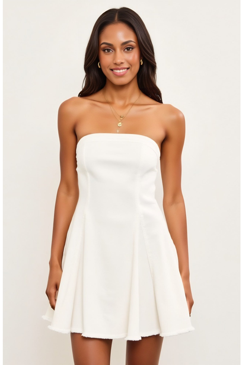 Strapless Fit-and-Flare Mini Denim Dress with Raw Edge Hem Detail, Main, color, White