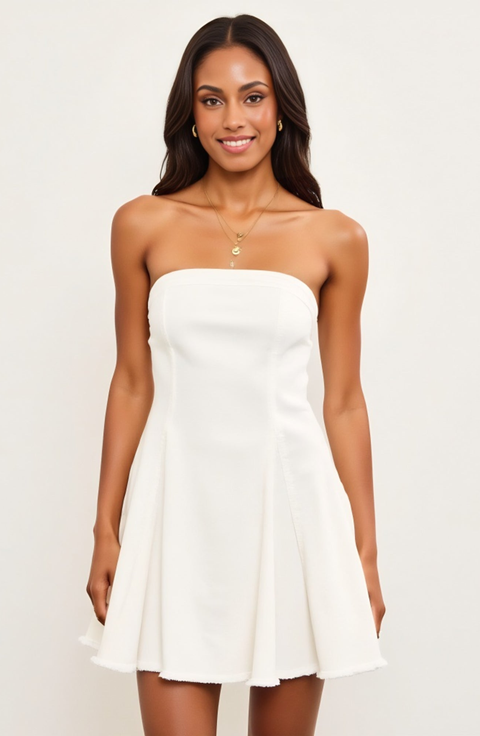 Strapless Fit-and-Flare Mini Denim Dress with Raw Edge Hem Detail