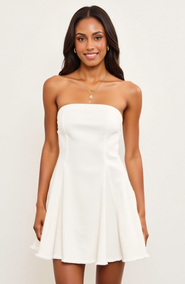 Modenaire Strapless Fit-and-Flare Mini Denim Dress with Raw Edge Hem Detail
