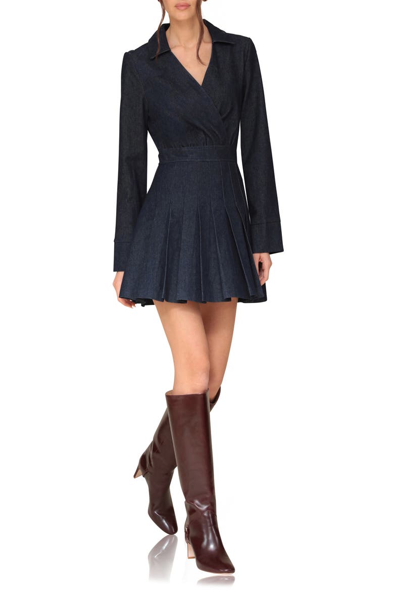 Pleated Long Sleeve Denim Minidress, Main, color, INK BLUE WASH