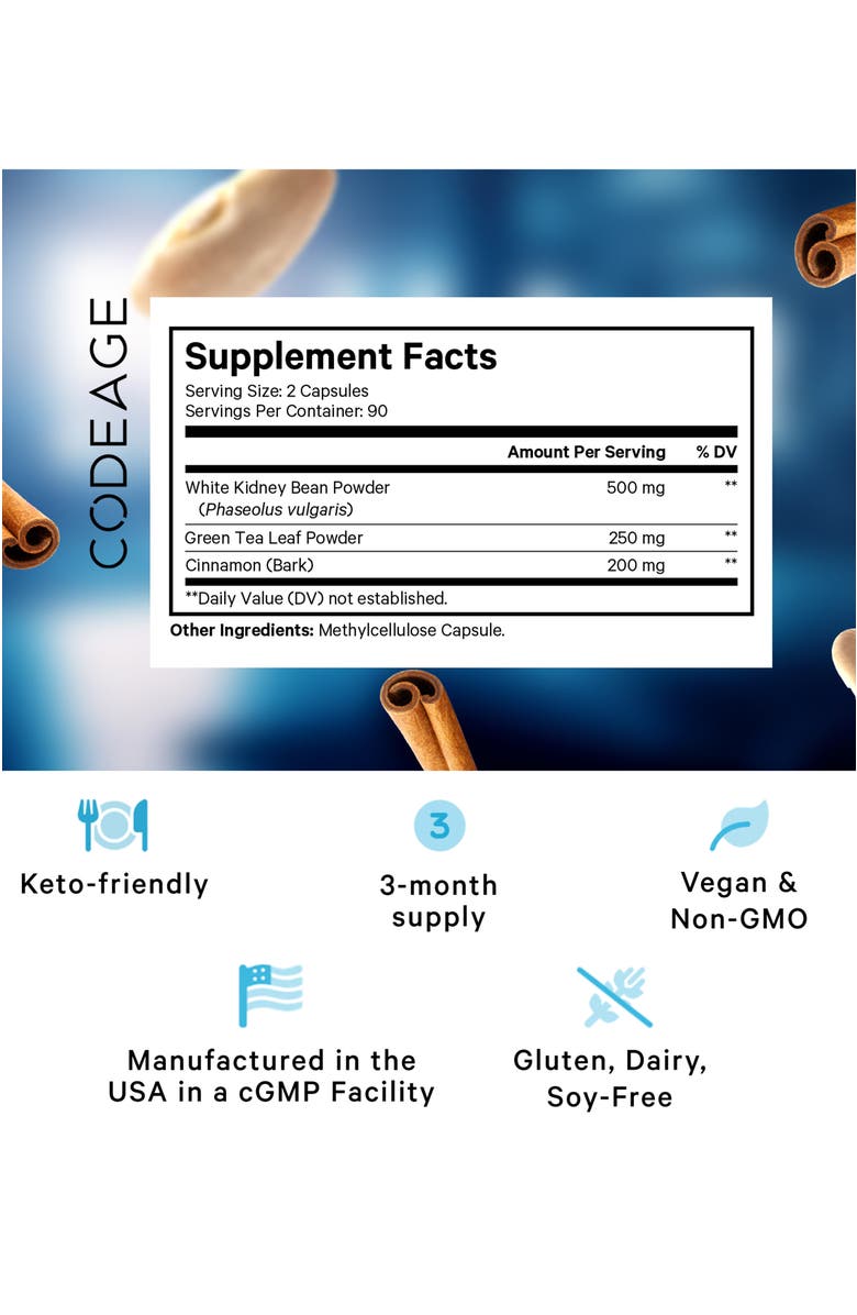 Codeage Keto Carb Focus White Kidney Bean & Green Tea Suplement, Alternate, color, White