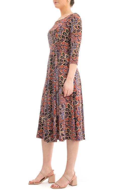 Nina Leonard Boat Neck Midi Dress In Rust Multi