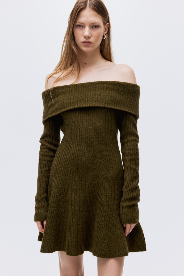 Rib-knit Off-the-shoulder Dress, Alternate, color, Dark khaki green