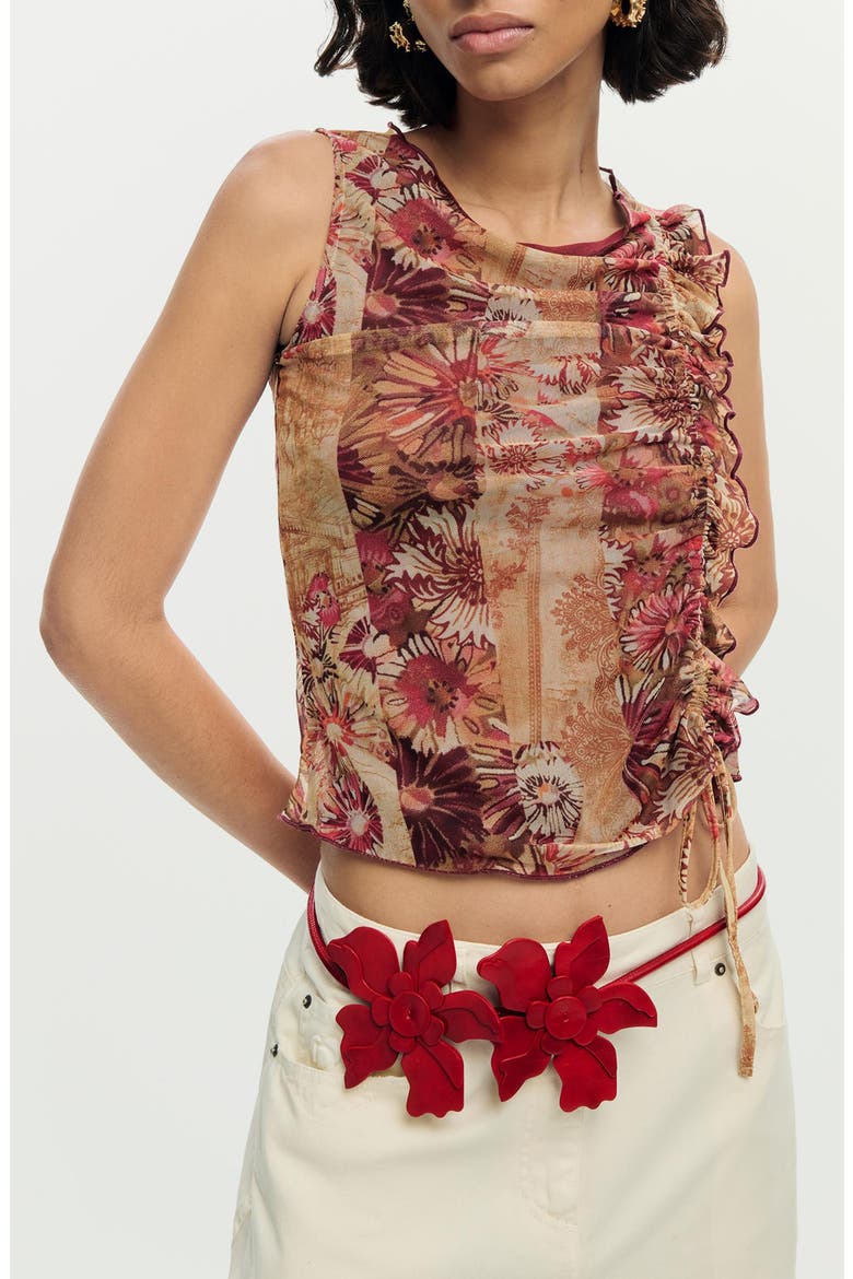 Cinched Tie Sleeveless Crop T-Shirt, Main, color, ORANGE MULTI