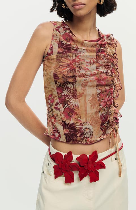 Cinched Tie Sleeveless Crop T-Shirt