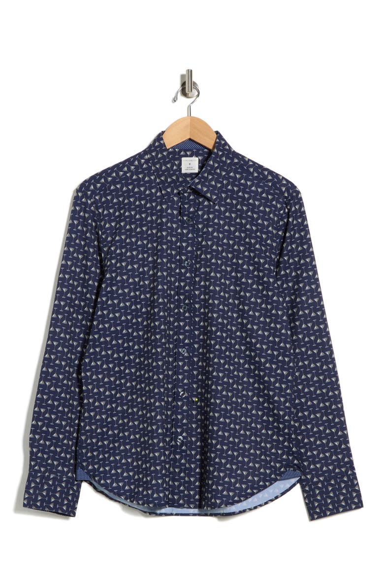Slim Fit Martini Print 4-Way Stretch Performance Button-Down Shirt, Alternate, color, NAVY
