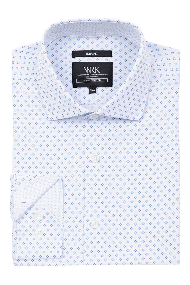 Slim Fit Double Diamond Print Performance Dress Shirt, Alternate, color, WHITE/ BLUE