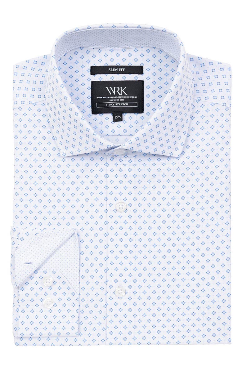 W.R.K Slim Fit Double Diamond Print Performance Dress Shirt, Alternate, color, White/ Blue