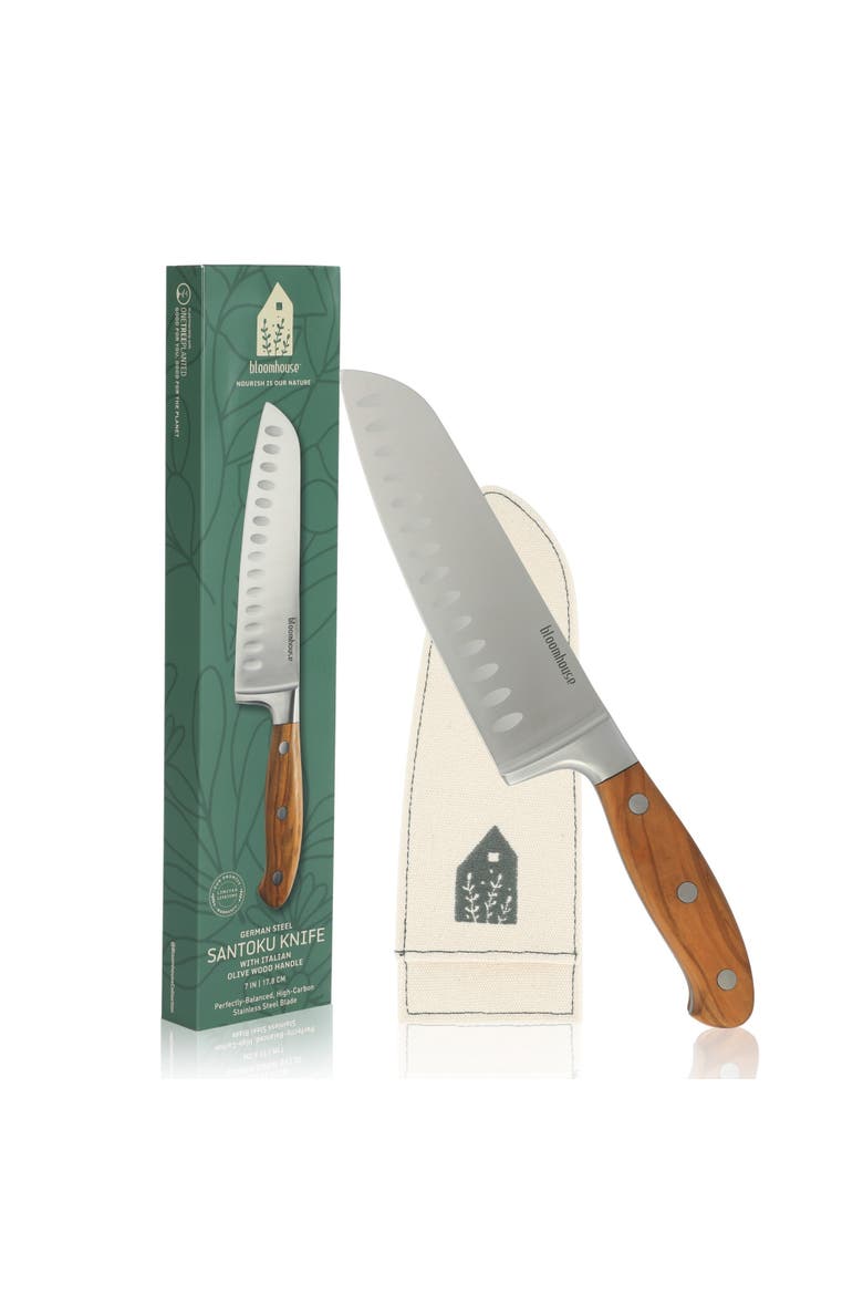 German Steel Santoku Knife W/ Italian Olive Wood Forged Handle, Alternate, color, Natural Wood