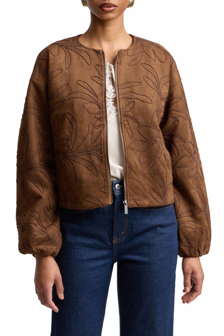 Leaf Embroidery Faux Suede Jacket, Alternate, color, MOCHA