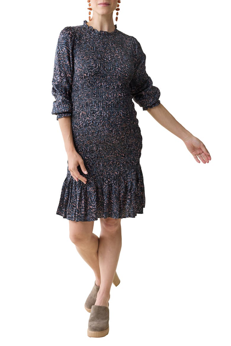 Smocked Occasion Bracelet Sleeve Sateen Maternity Dress, Alternate, color, BLUE/ TAN ANIMAL FLORAL
