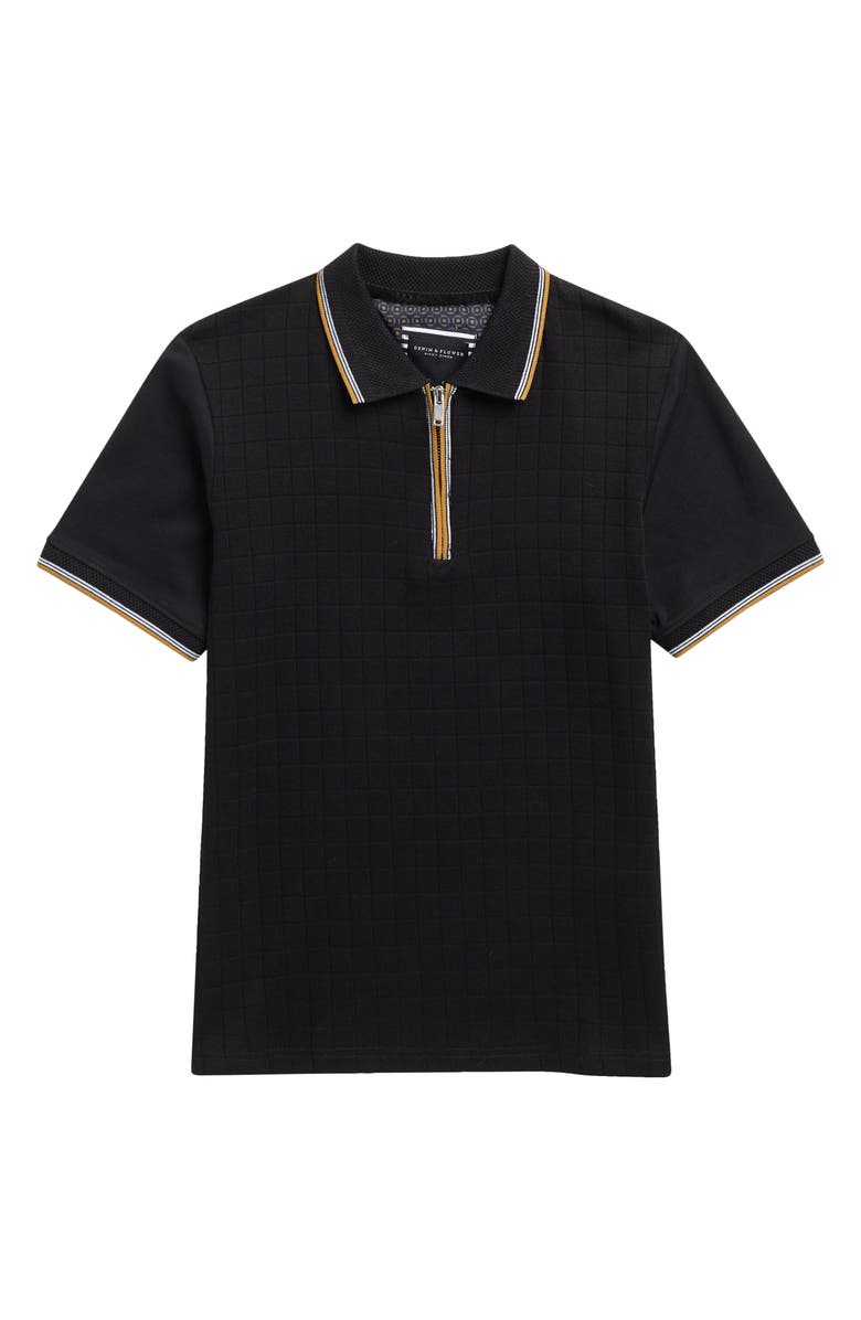 DENIM AND FLOWER Kids' Check Quarter Zip Knit Polo, Main, color, Black