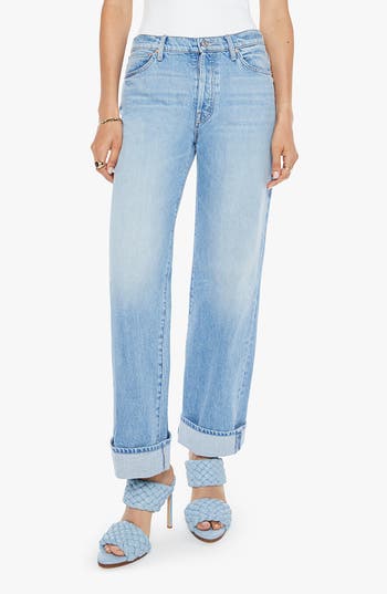 Mother The Dodger Button Hover Cuff Wide Leg Jeans In Blue