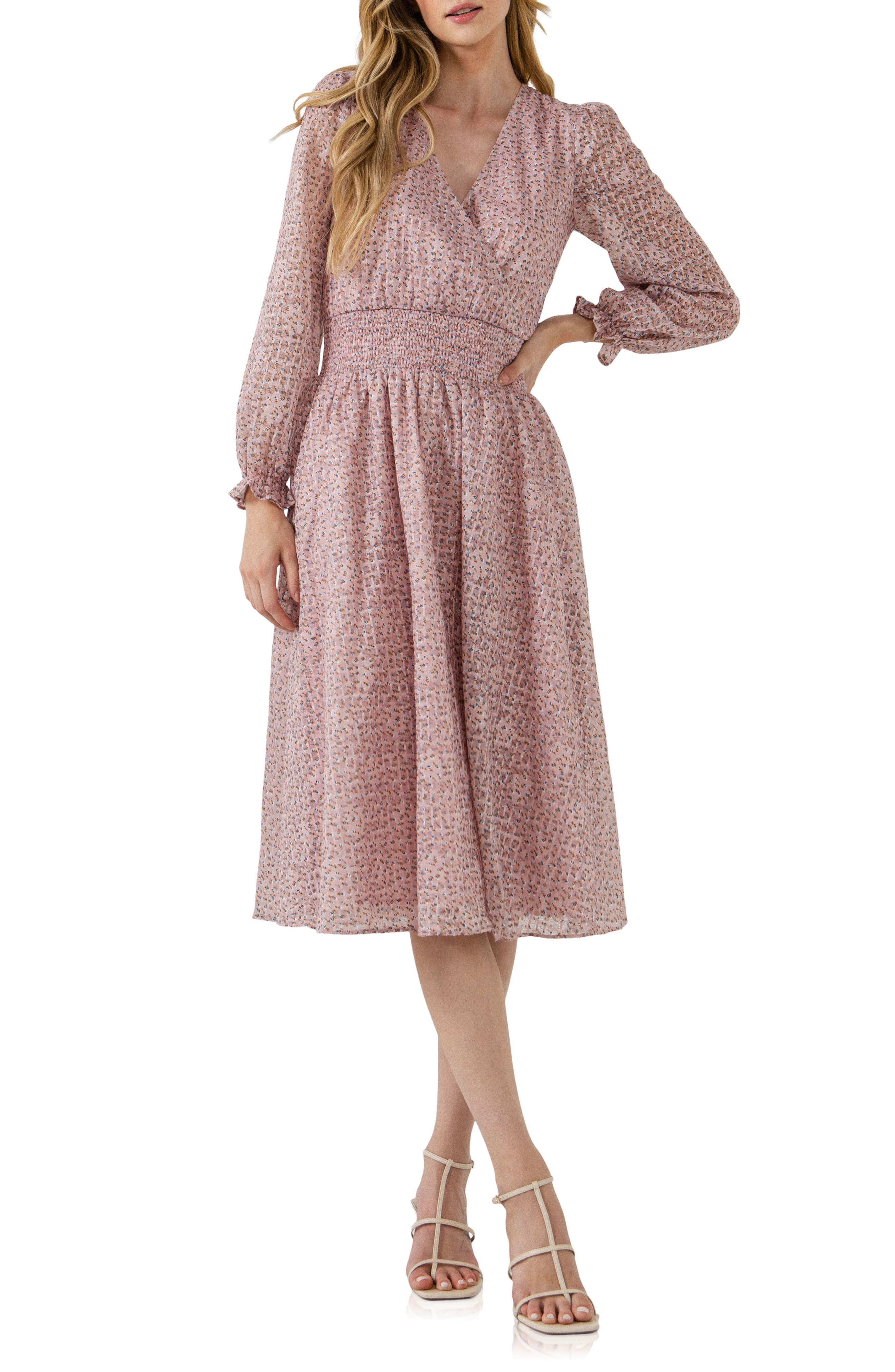 Free the Roses Floral Waist Smocked Midi Dress (Women) | Nordstromrack
