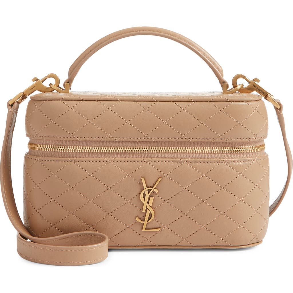 Saint Laurent Mini Gaby Quilted Leather Vanity Case In Brown