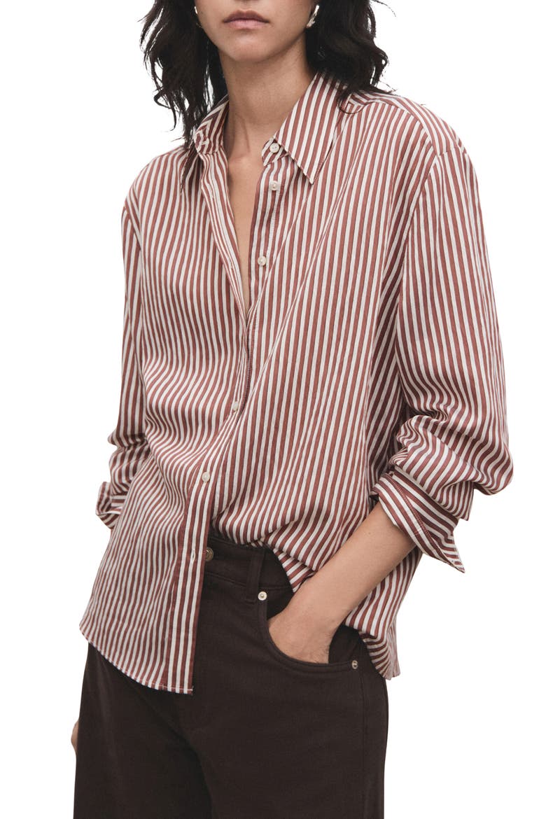 Stripe Button-Up Shirt, Main, color, BROWN